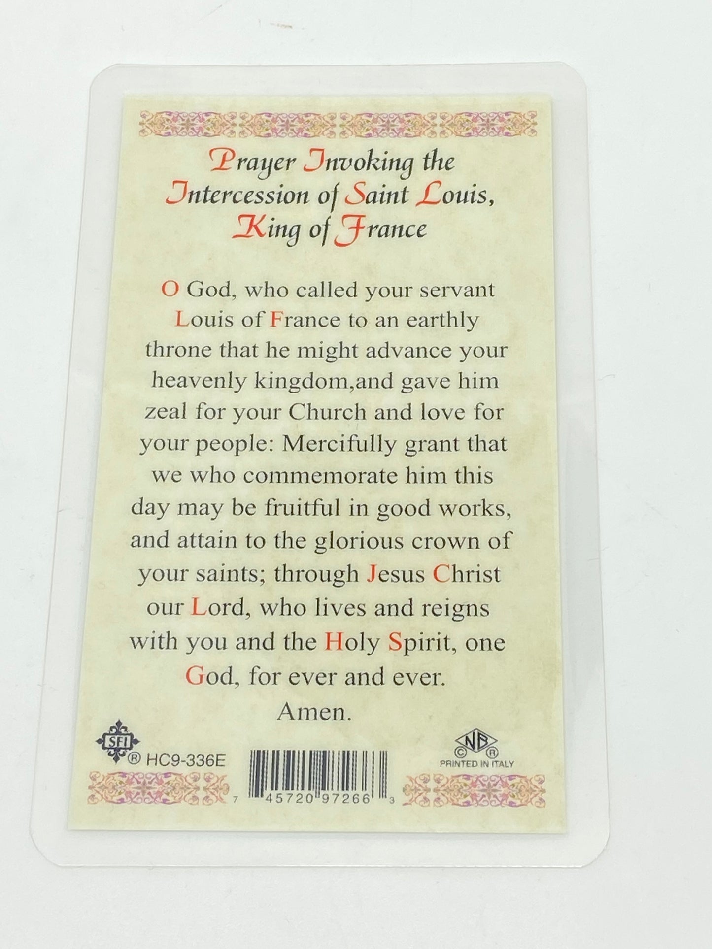 St. King Louis IX Laminated Holy Card (Plastic Covered) - Unique Catholic Gifts