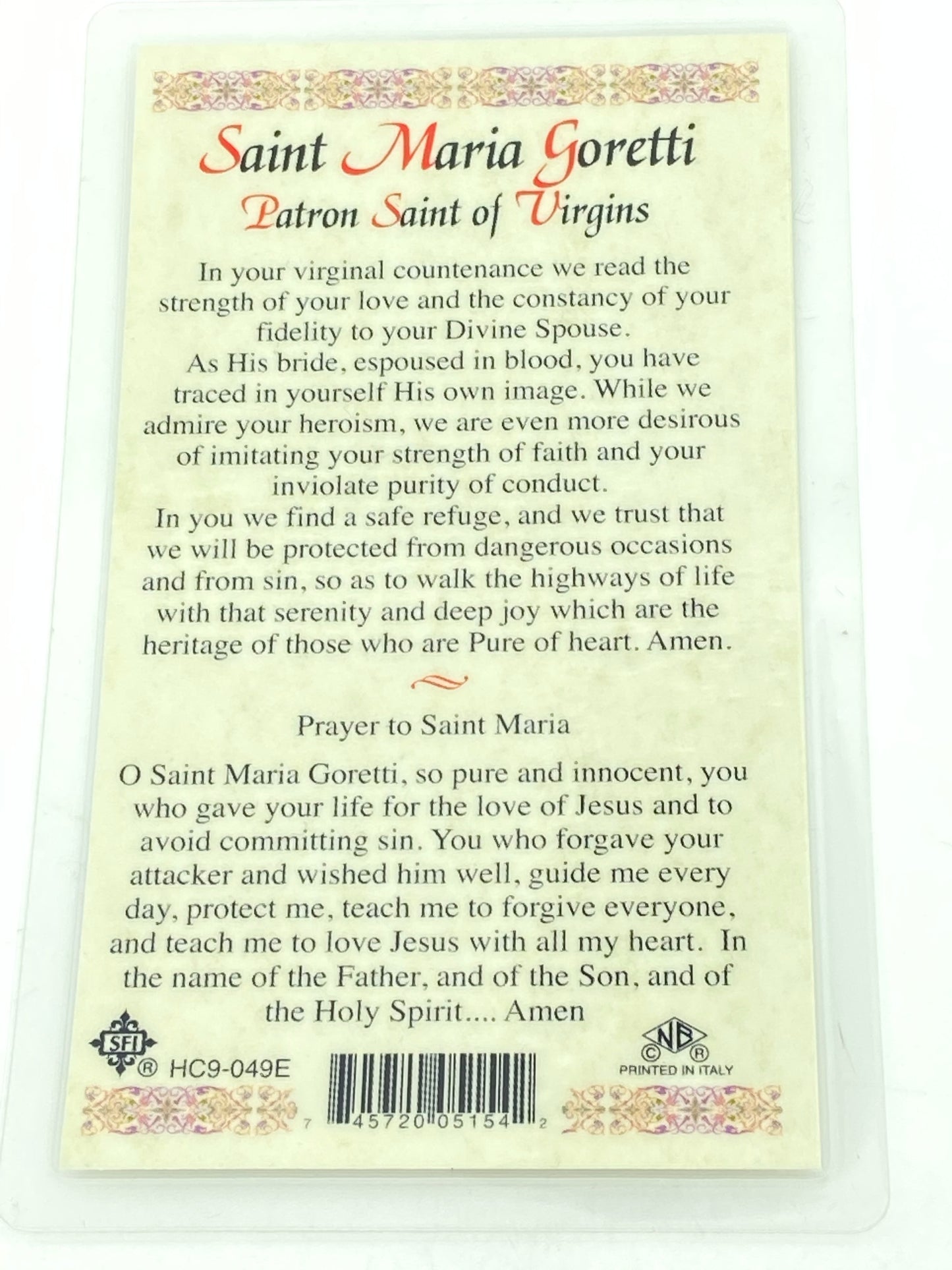 St. Maria Goretti Laminated Holy Card (Plastic Covered) - Unique Catholic Gifts