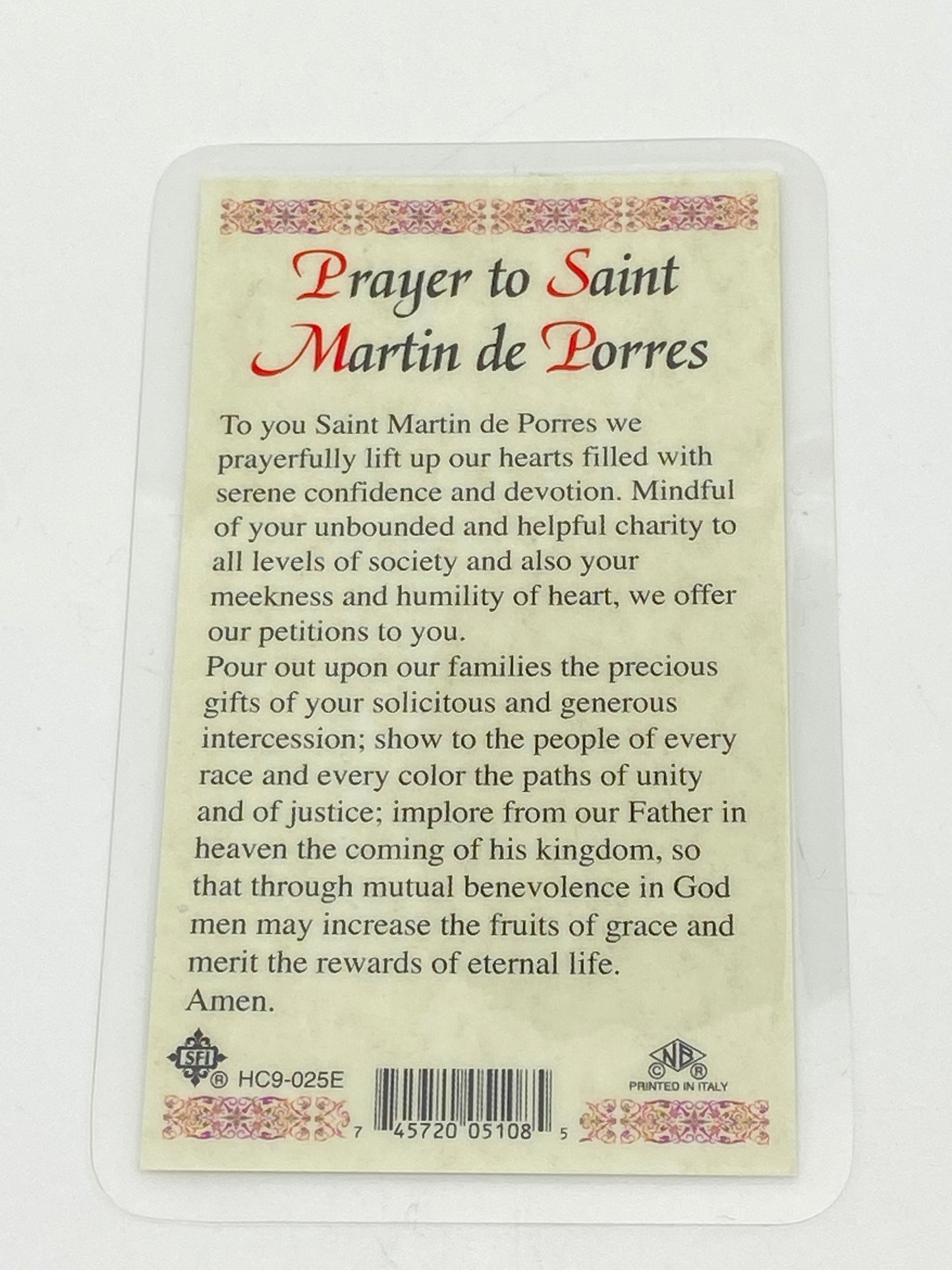 St. Martin de Porres Laminated Holy Card (Plastic Covered) - Unique Catholic Gifts