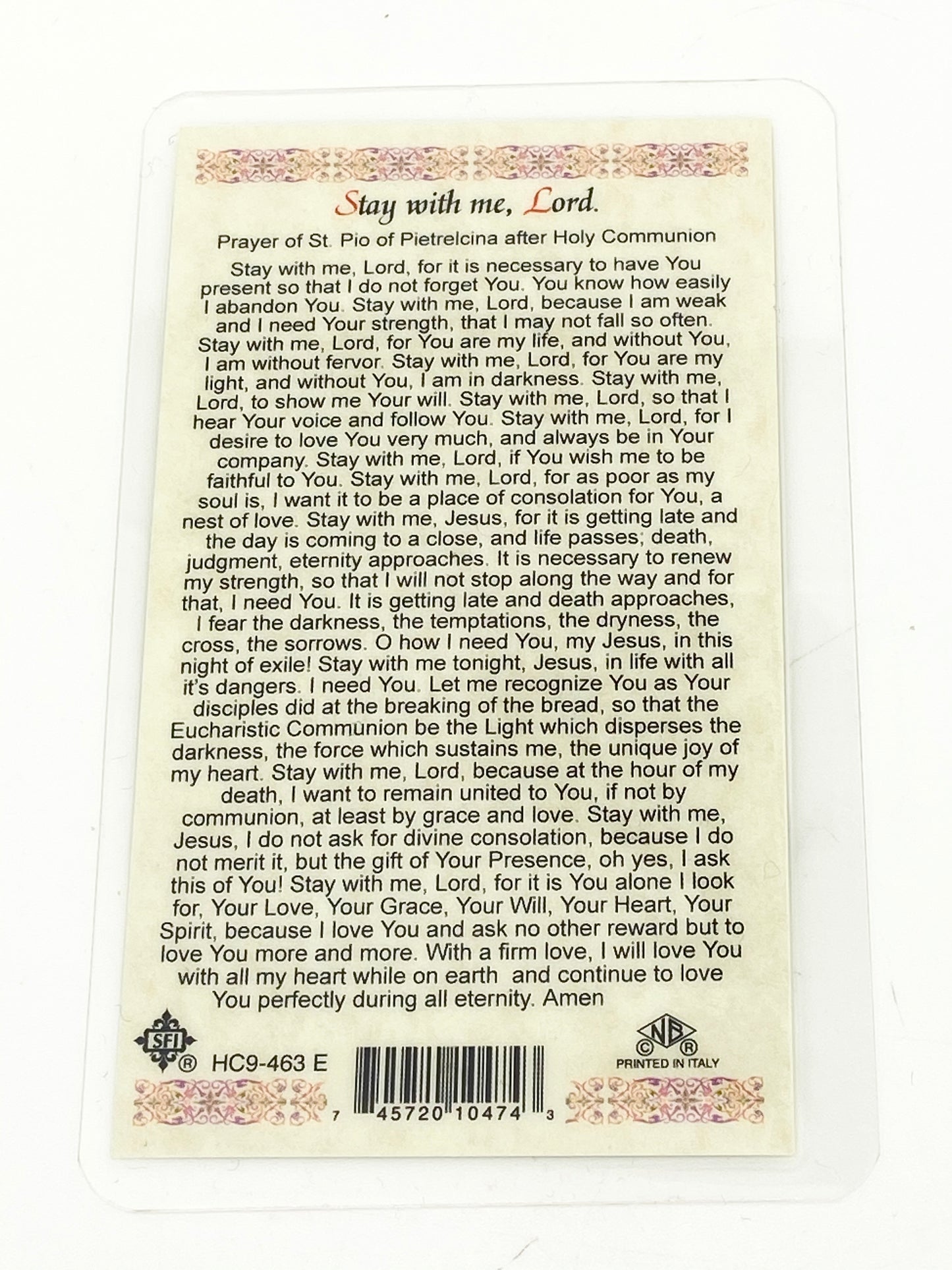 St. Padre Pio "Stay With Me" Laminated Holy Card - Unique Catholic Gifts