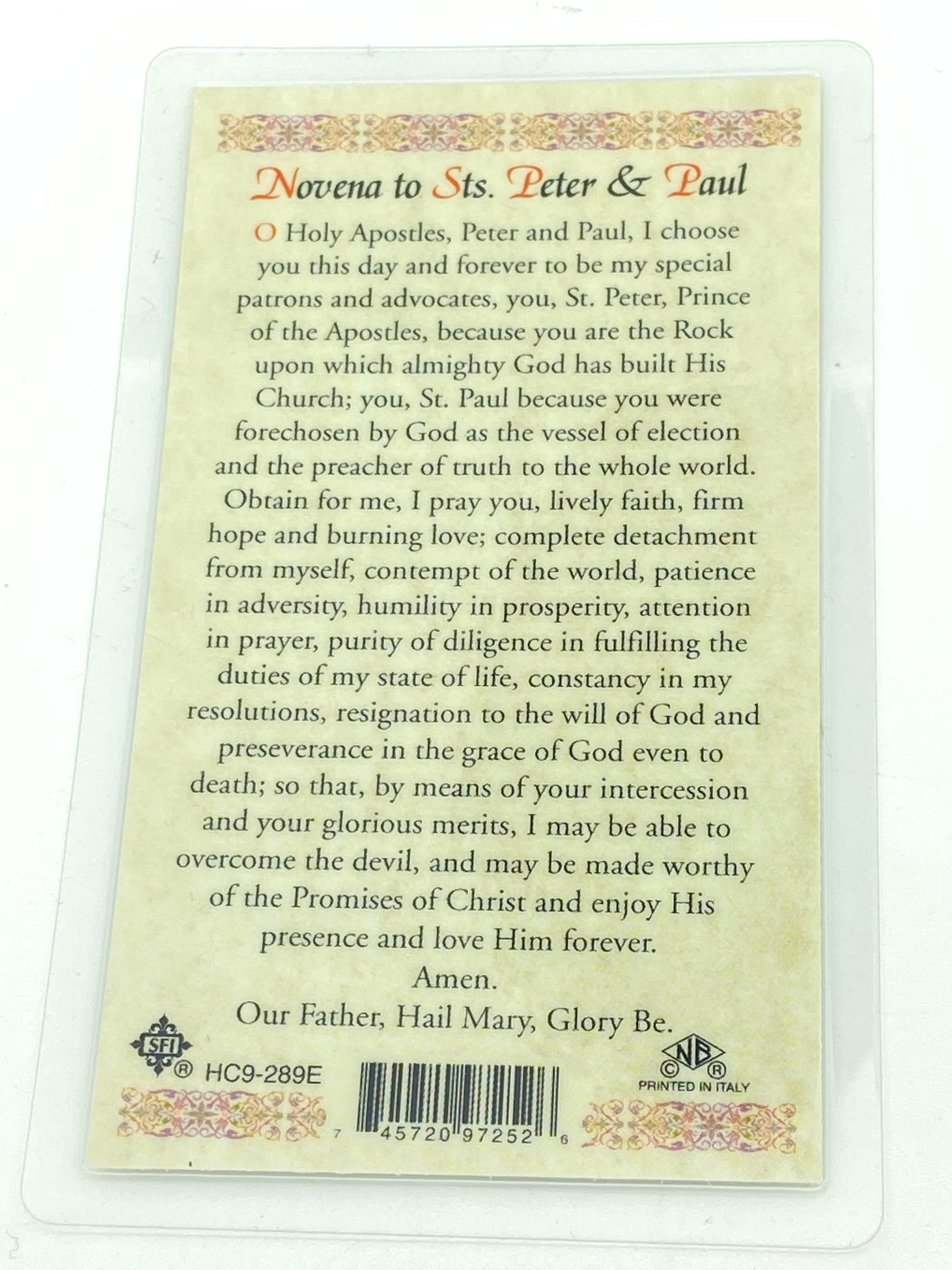 Novena to Sts. Peter & Paul Laminated Holy Card (Plastic Covered) - Unique Catholic Gifts