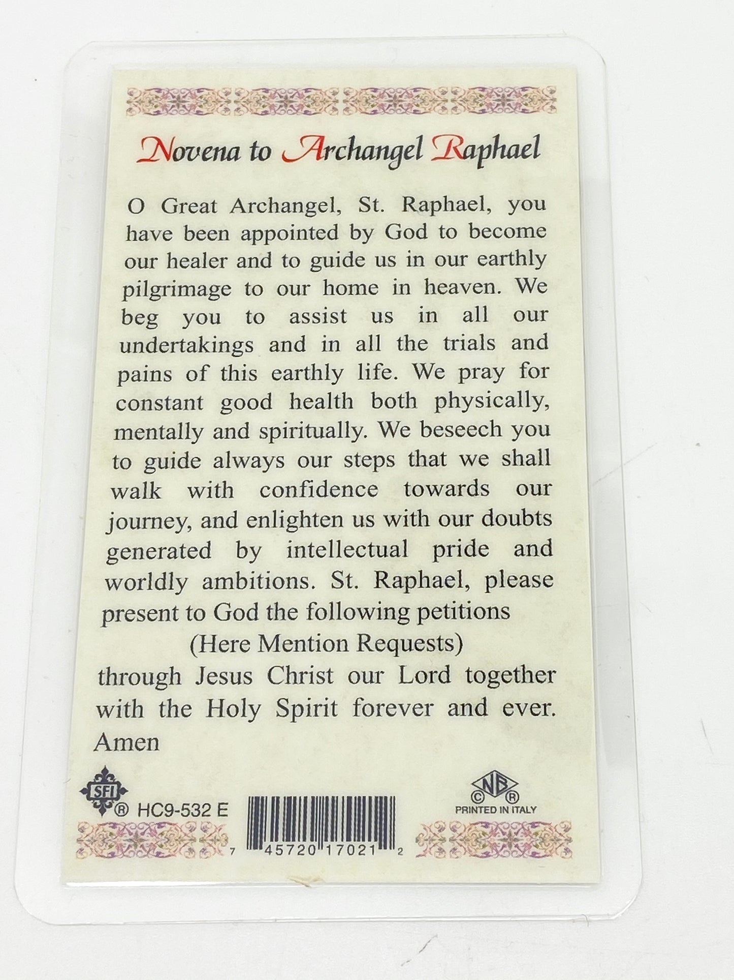 Novena to Archangel Raphael Laminated (Plastic Covered) Holy Card - Unique Catholic Gifts