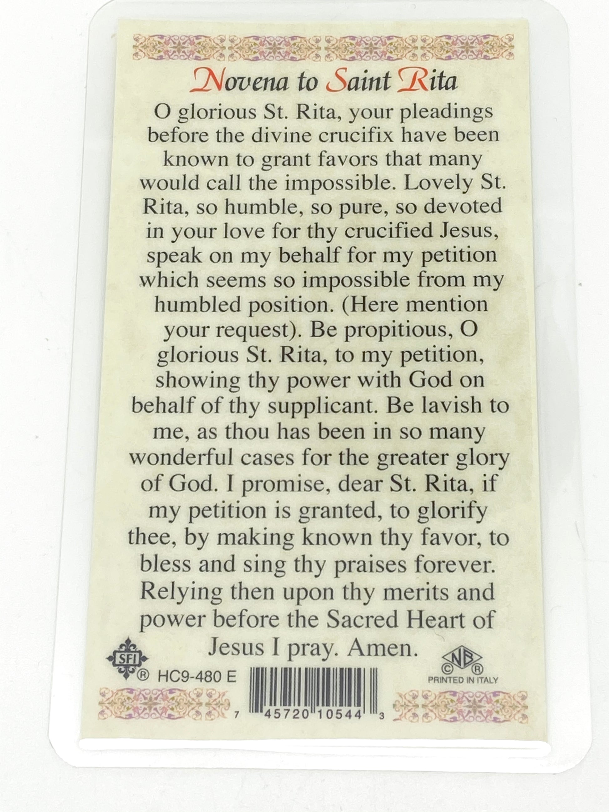 St. Rita Laminated Holy Card - Unique Catholic Gifts