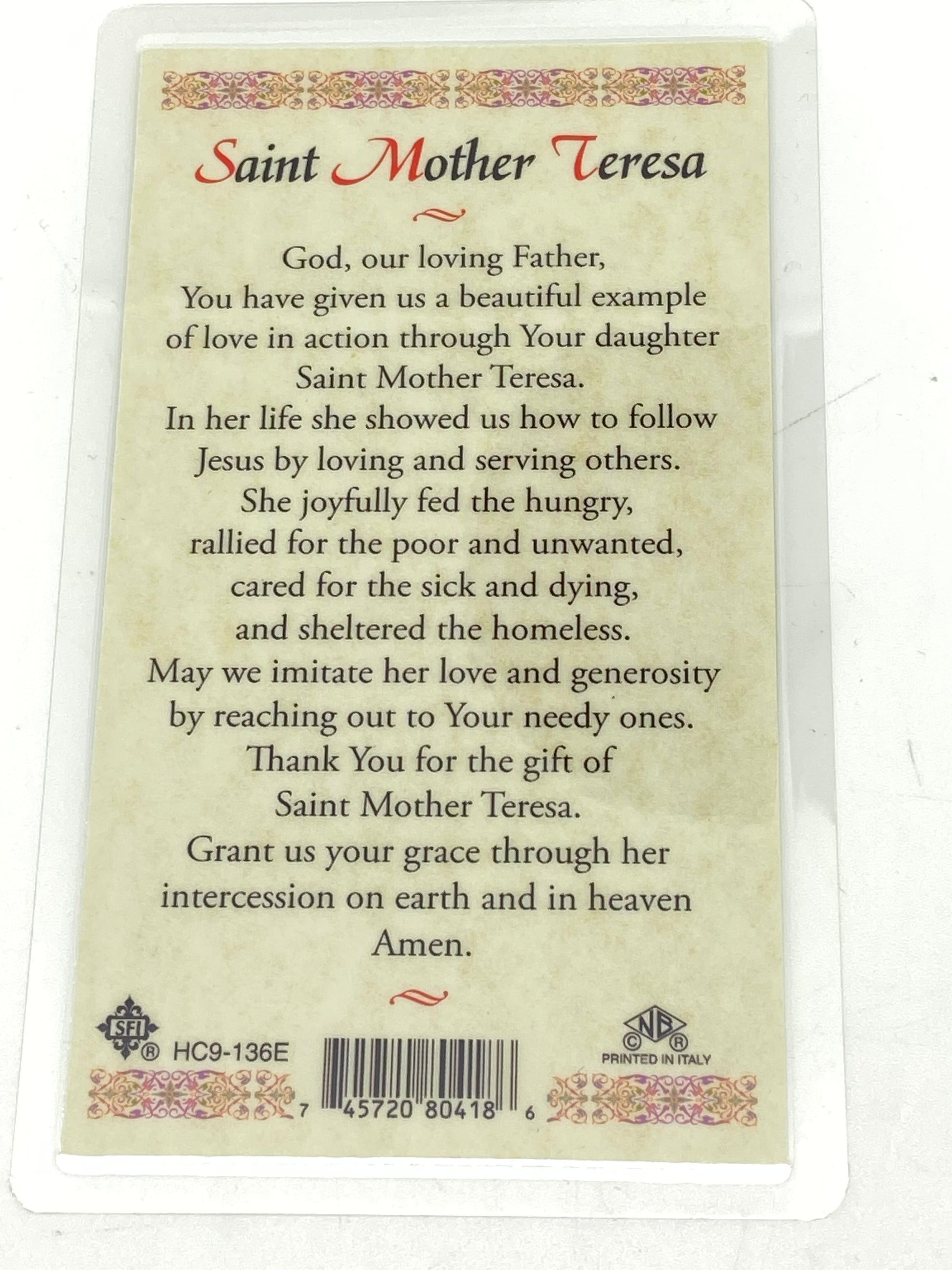 St. Mother Teresa Laminated Holy Card (Plastic Covered) - Unique Catholic Gifts