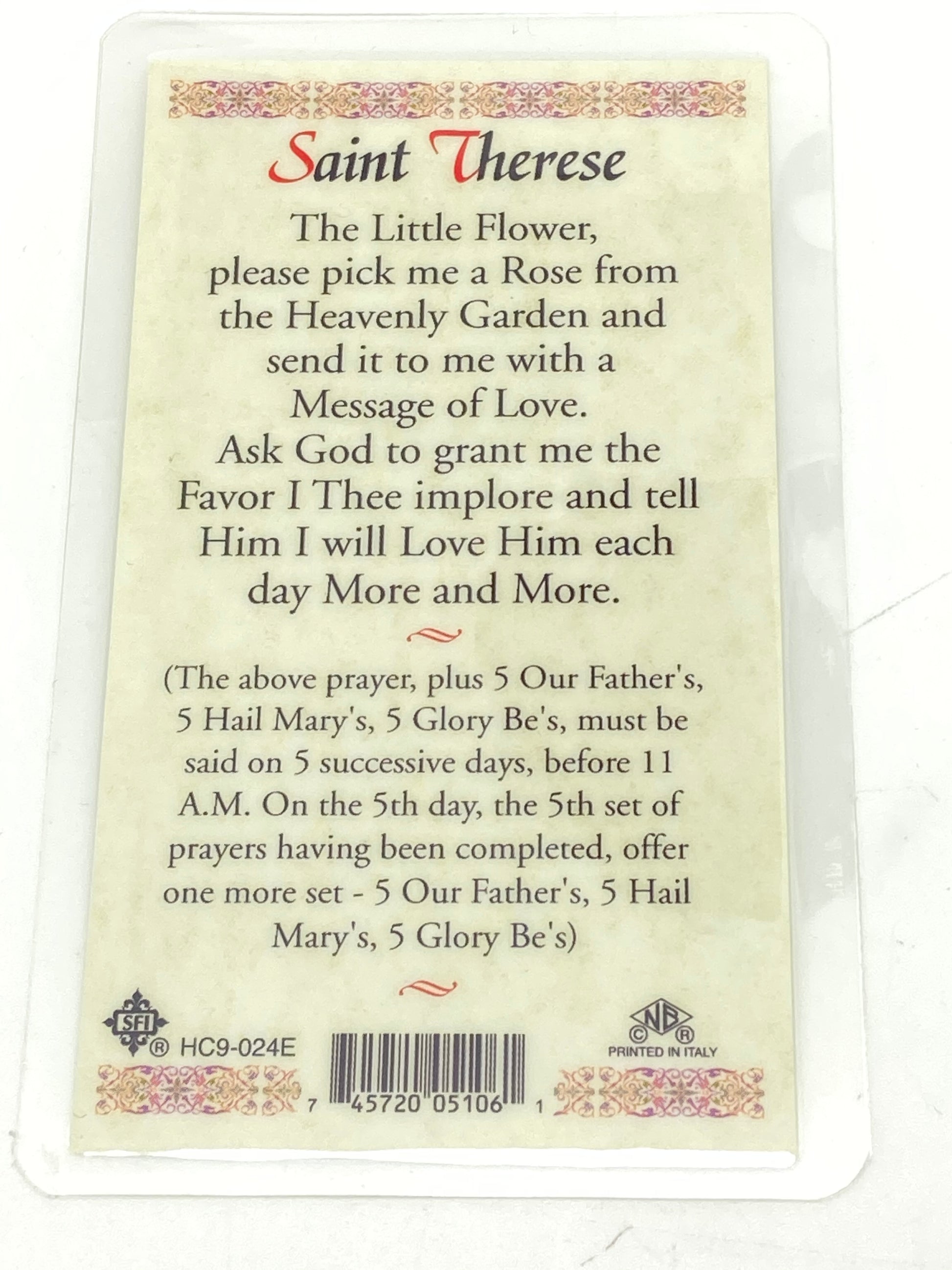 St. Therese Laminated Holy Card (Plastic Covered) - Unique Catholic Gifts