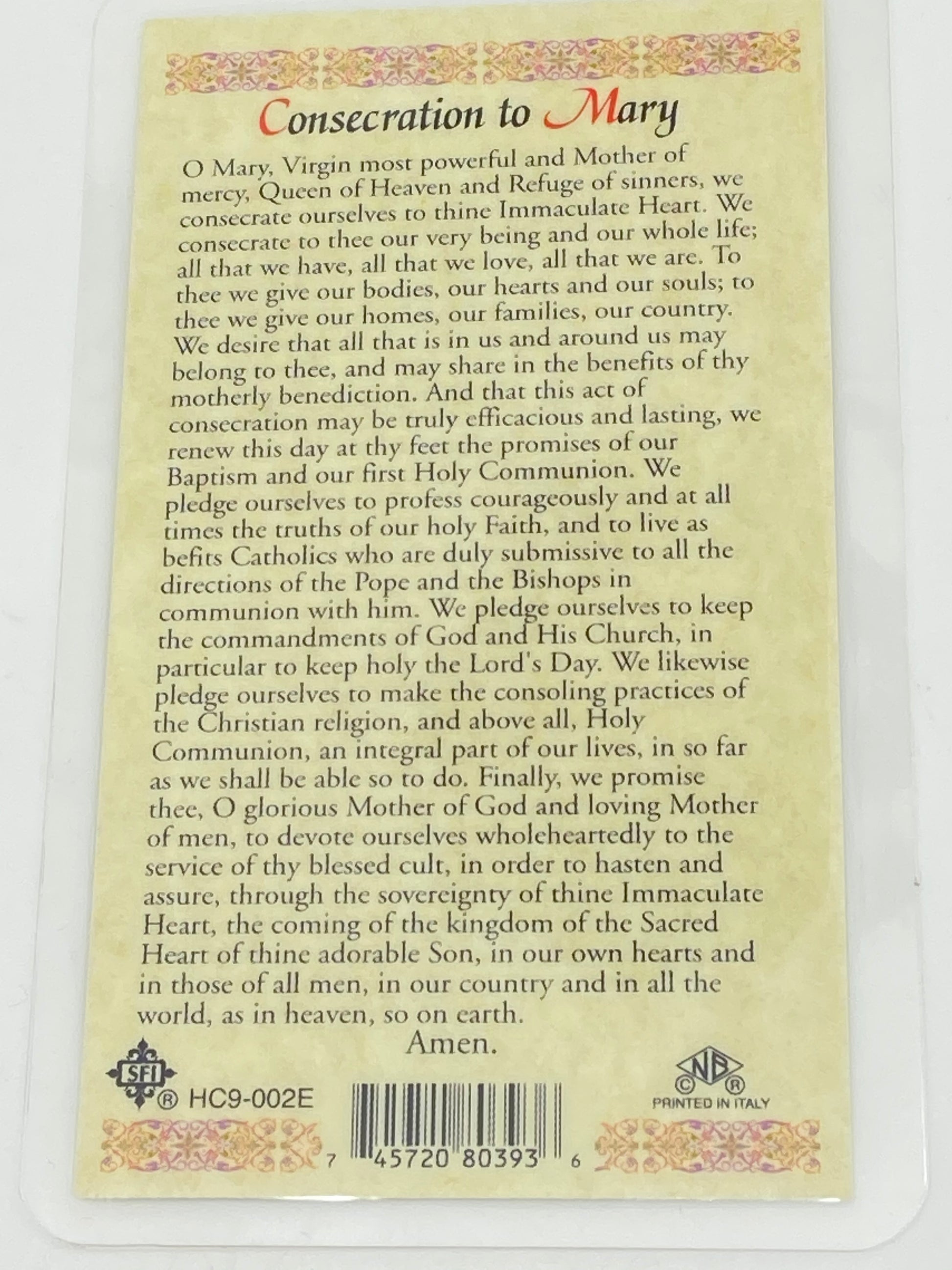 Consecration to Mary Laminated Holy Card (Plastic Covered) - Unique Catholic Gifts