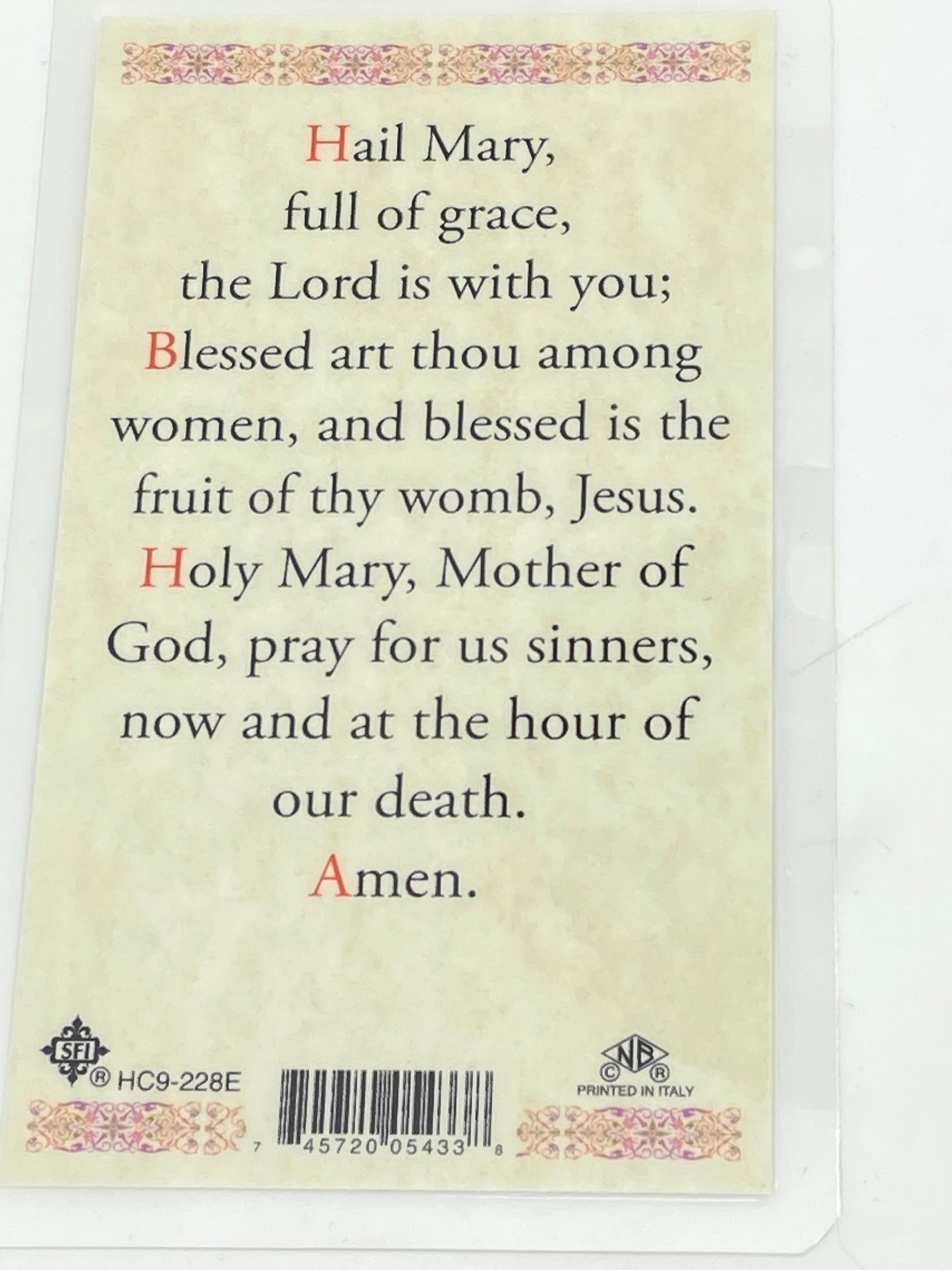 Hail Mary Laminated Holy Card (Plastic Covered) - Unique Catholic Gifts