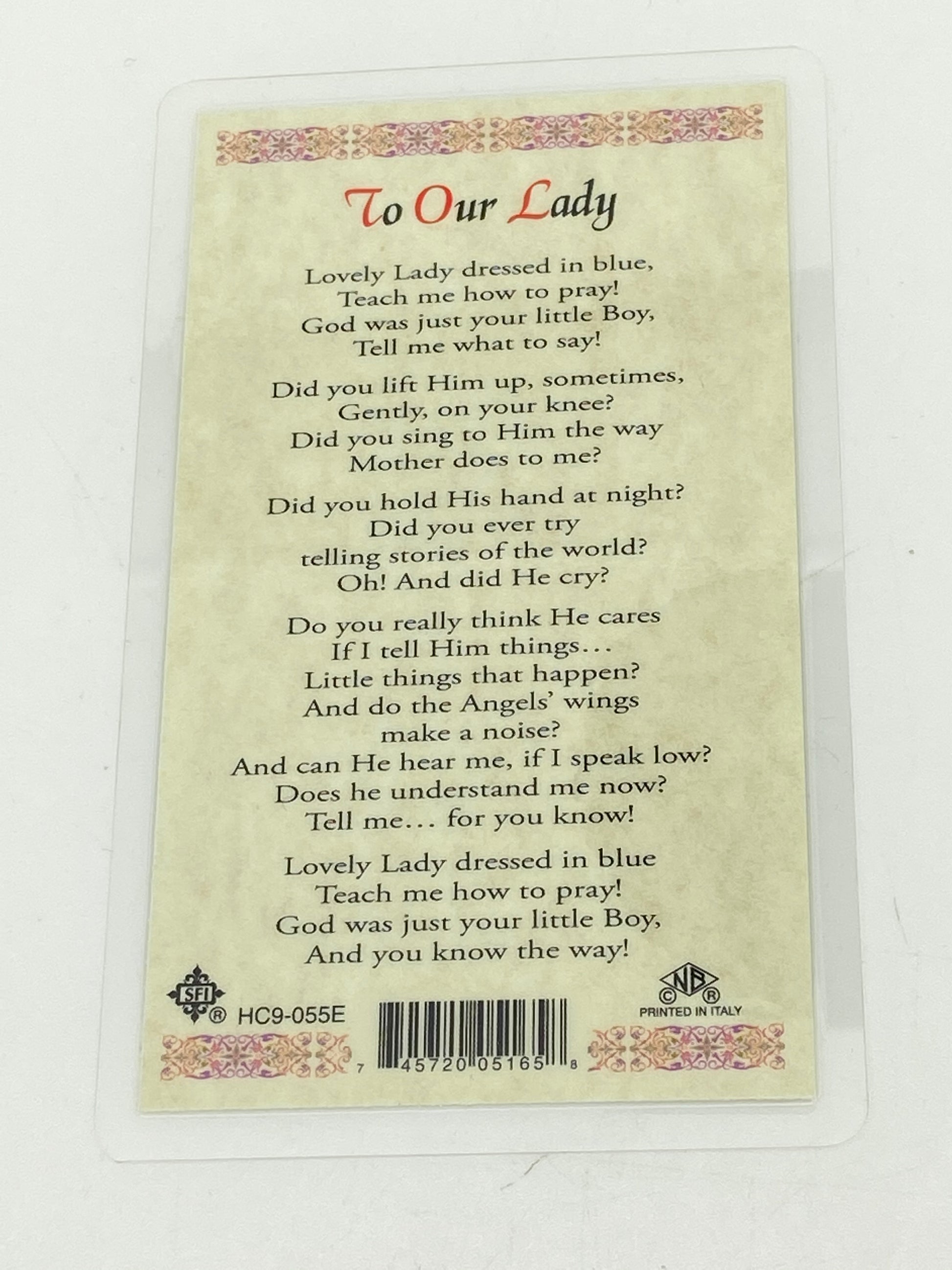 To Our Lady Laminated Holy Card (Plastic Covered) - Unique Catholic Gifts