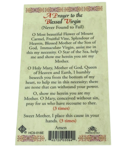 Our Lady of Mt. Carmel  Laminated Holy Card (Plastic Covered) - Unique Catholic Gifts