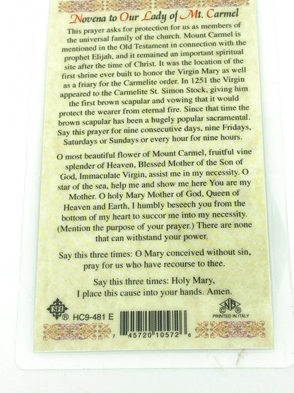 Novena to Our Lady of Mt. Carmel  Laminated Holy Card (Plastic Covered) - Unique Catholic Gifts