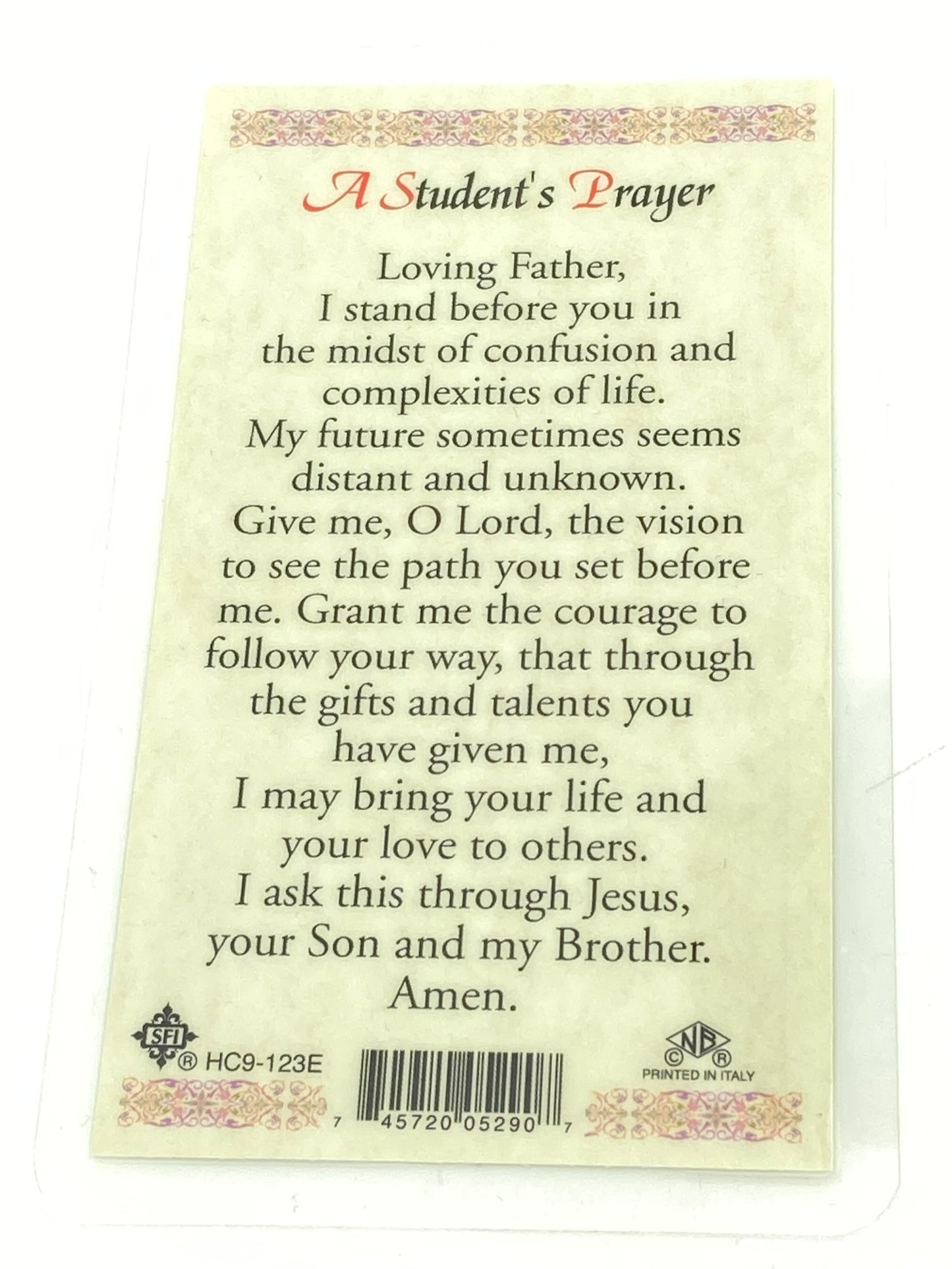 Student Prayer Laminated Holy Card (Plastic Covered) - Unique Catholic Gifts