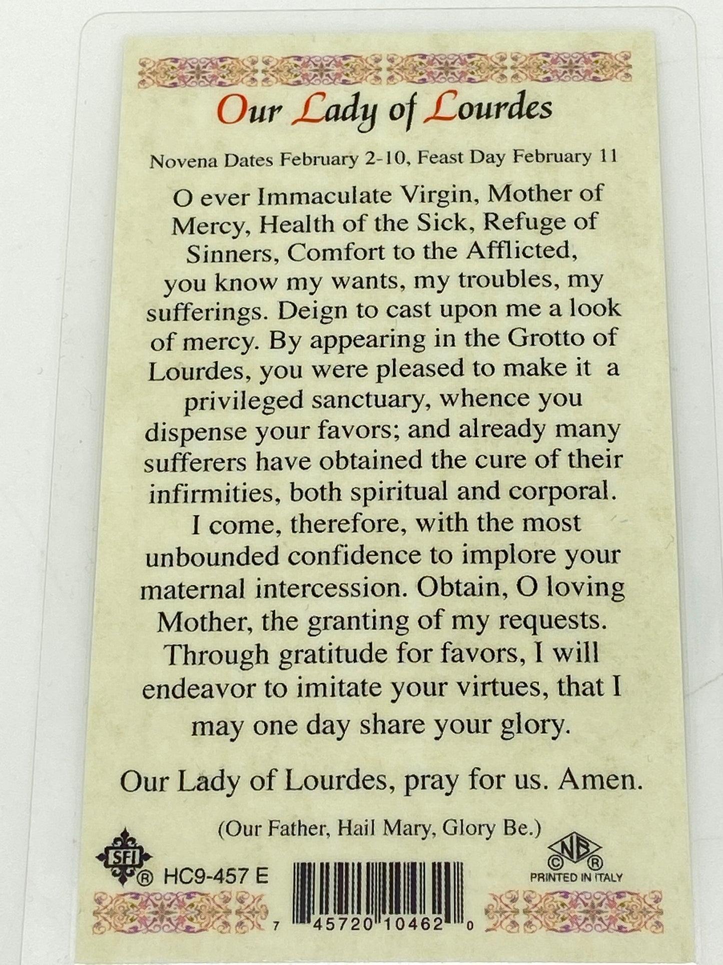 Our Lady of Lourdes Laminated Holy Card (Plastic Covered) - Unique Catholic Gifts