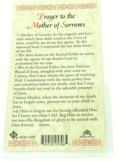 Mother of Sorrows Laminated Holy Card (Plastic Covered) - Unique Catholic Gifts