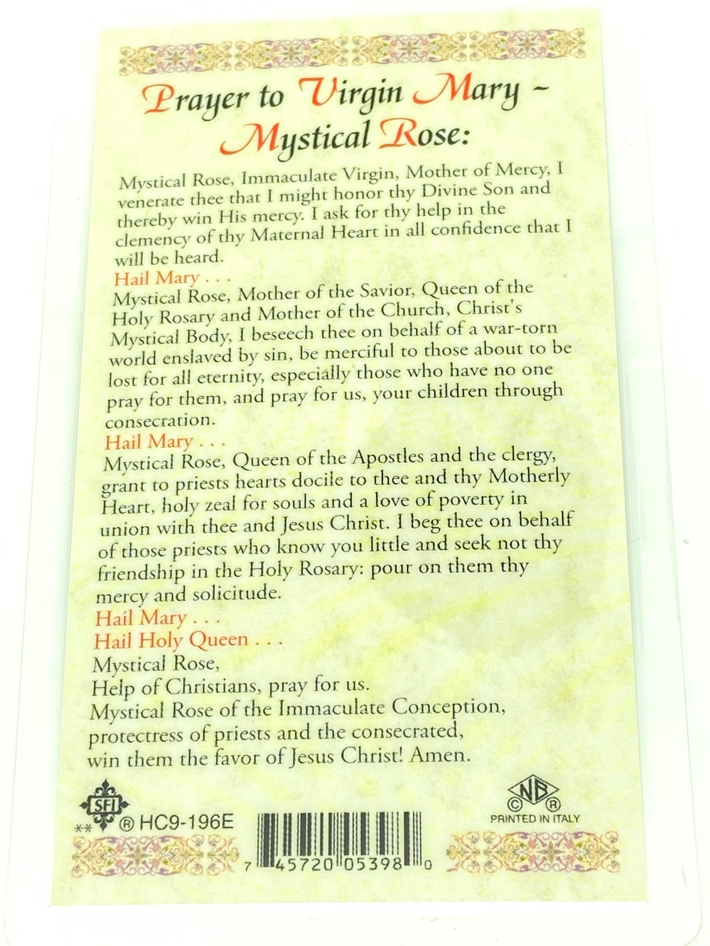 Mystical Rose Laminated Holy Card (Plastic Covered) - Unique Catholic Gifts