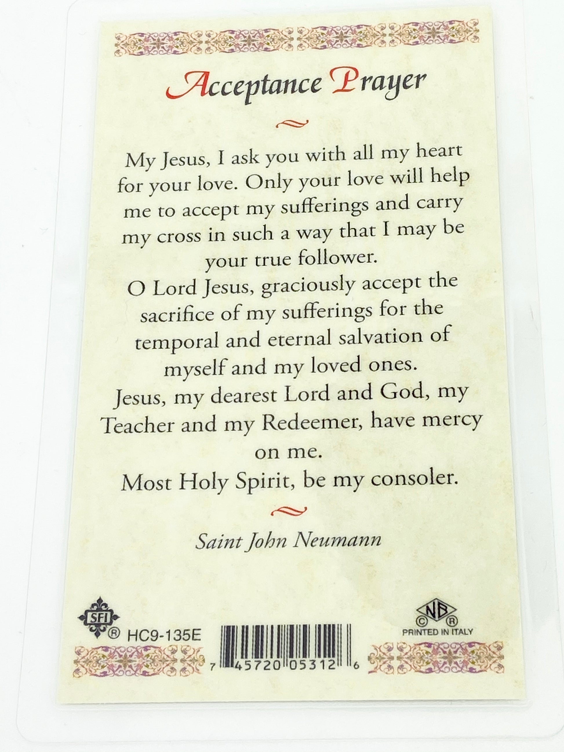 Acceptance Prayer Laminated Holy Card (Plastic Covered) - Unique Catholic Gifts