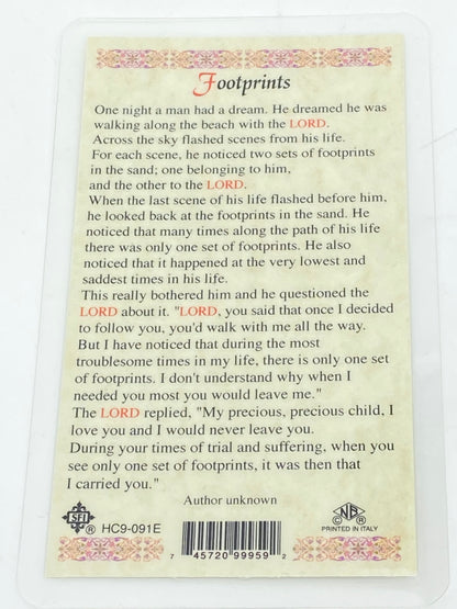 Footprints Laminated Holy Card (Plastic Covered) - Unique Catholic Gifts