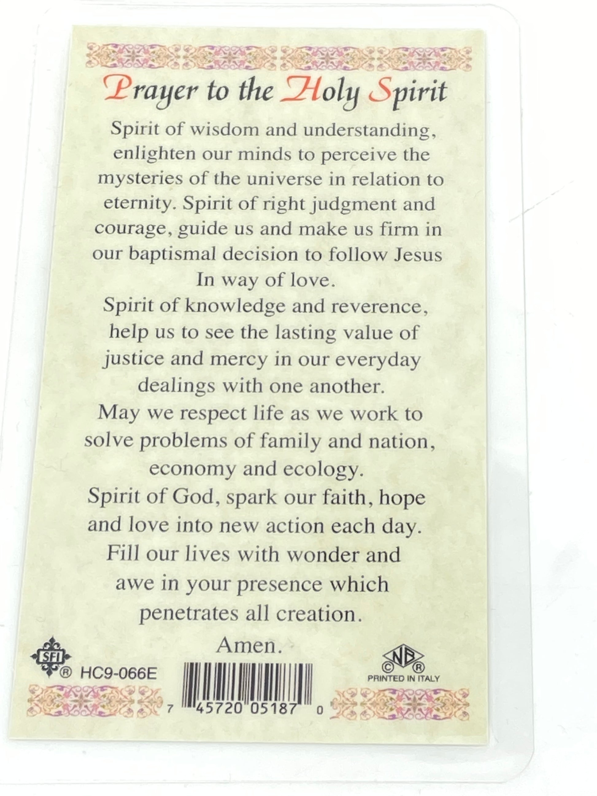 Holy Spirit Laminated Holy Card (Plastic Covered) - Unique Catholic Gifts