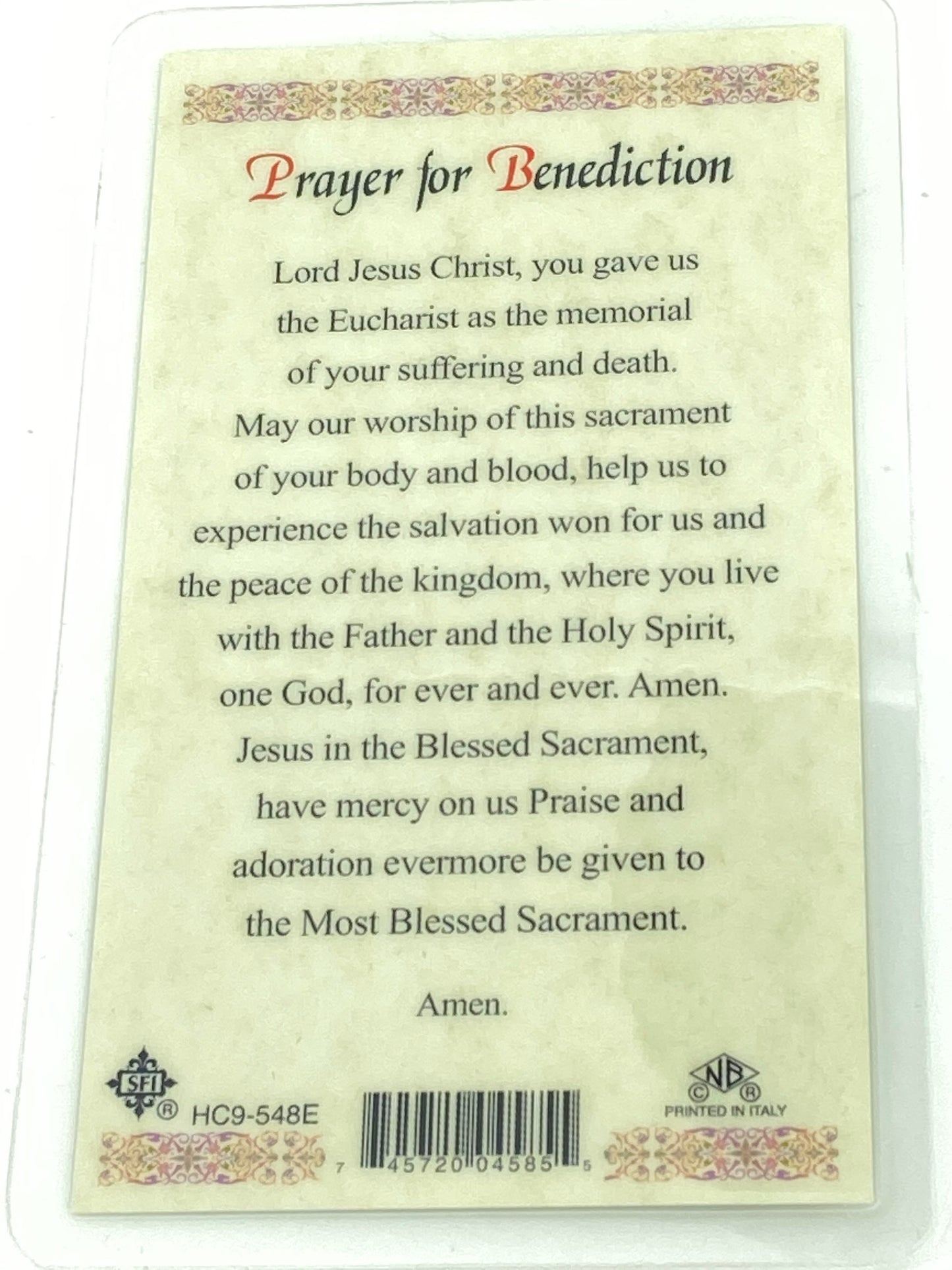 Prayer for Benediction Laminated Holy Card (Plastic Covered) - Unique Catholic Gifts