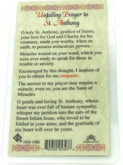 St. Anthony Unfailing Prayer Laminated Holy Card (Plastic Covered) - Unique Catholic Gifts