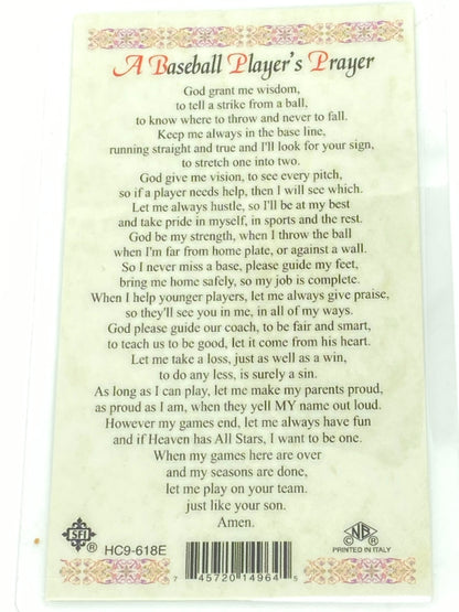 Baseball Player's Prayer Laminated Holy Card (Plastic Covered) - Unique Catholic Gifts