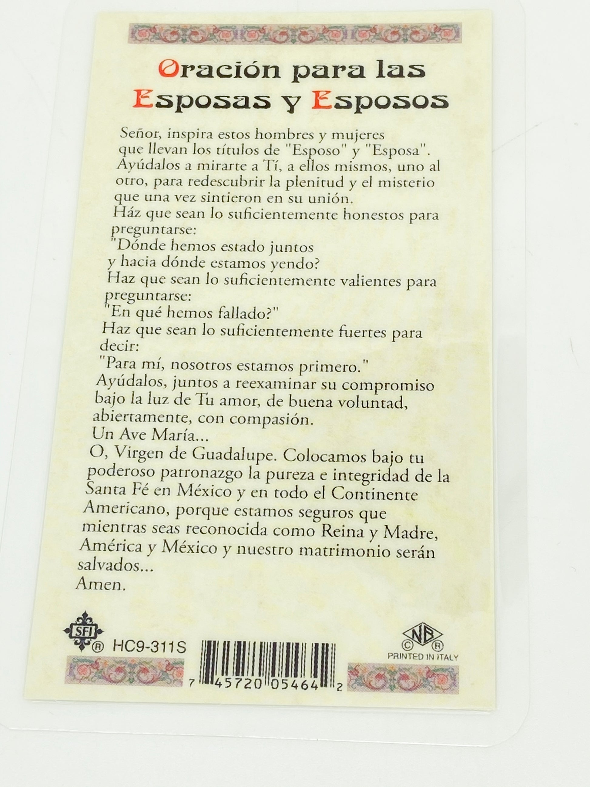 Esposas y Esposos Tarjeta Sagrada targeta de oración de Nuestra Señora de Guadalupe laminada (Cubierta de Plástico) - Unique Catholic Gifts