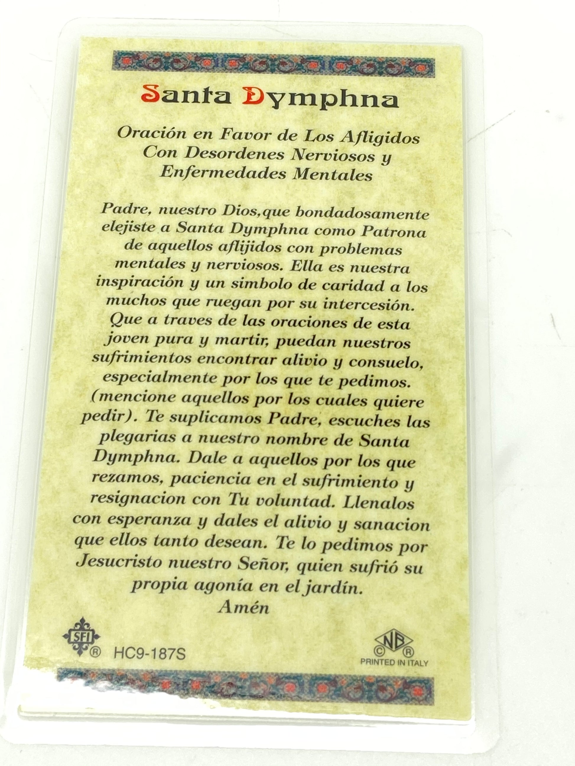 Santa Dymphna Tarjeta Sagrada laminada (Cubierta de Plástico) - Unique Catholic Gifts