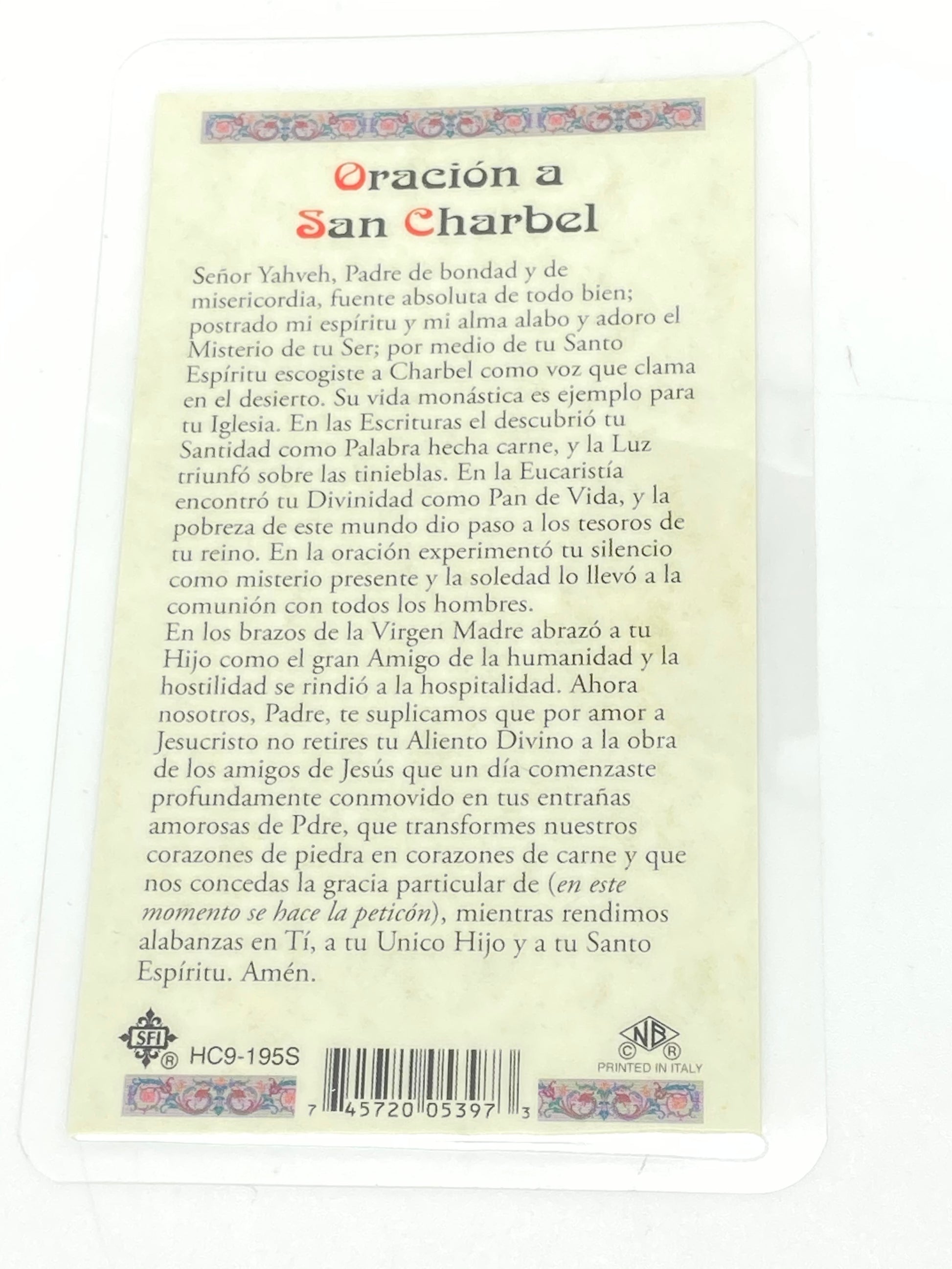 San Charbel Tarjeta Sagrada laminada (Cubierta de Plástico) - Unique Catholic Gifts