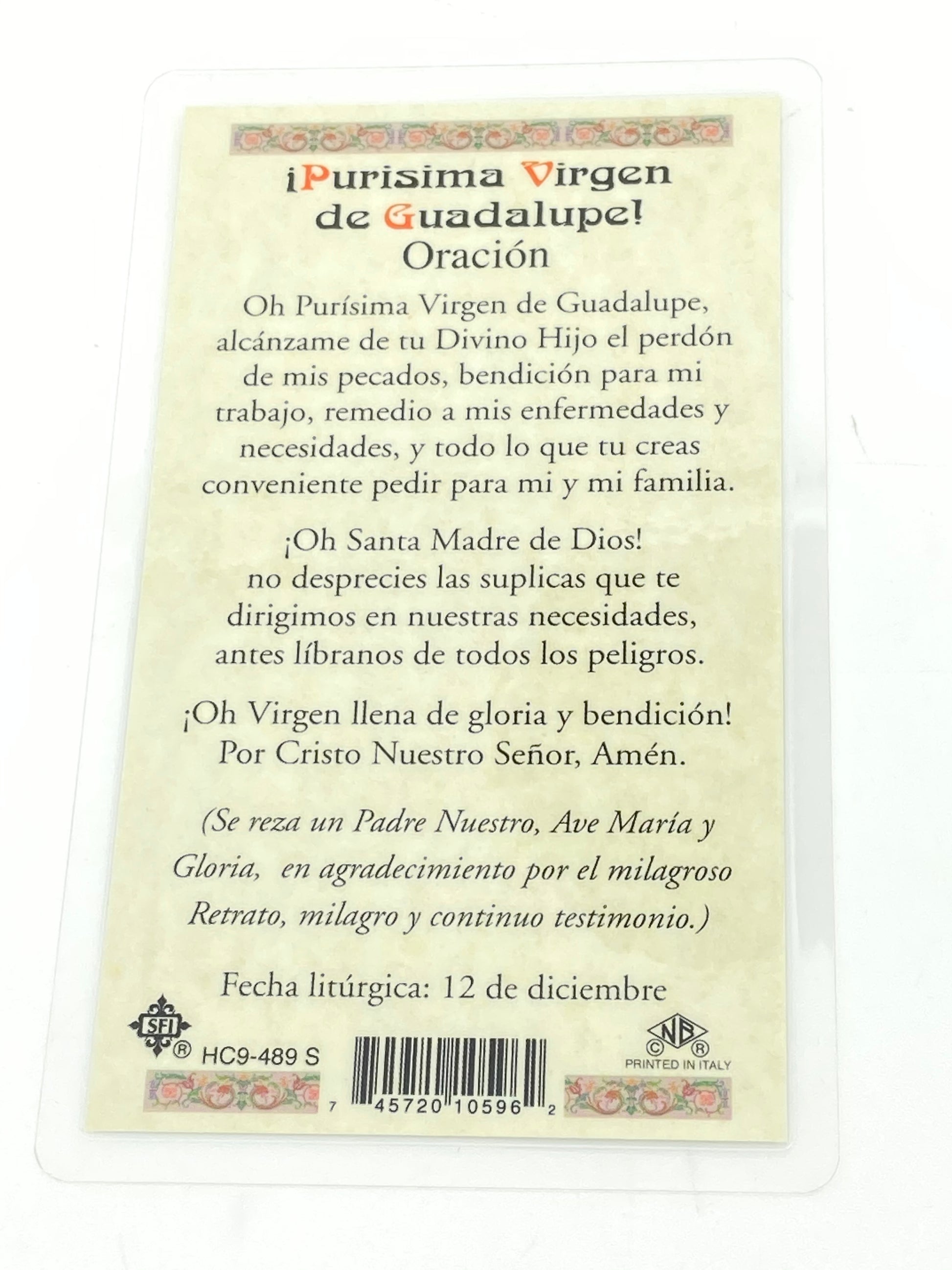 Purisima Virgen de Guadalupe Tarjeta de oración de Nuestra Señora de Guadalupe laminada(Cubierta de Plástico) - Unique Catholic Gifts