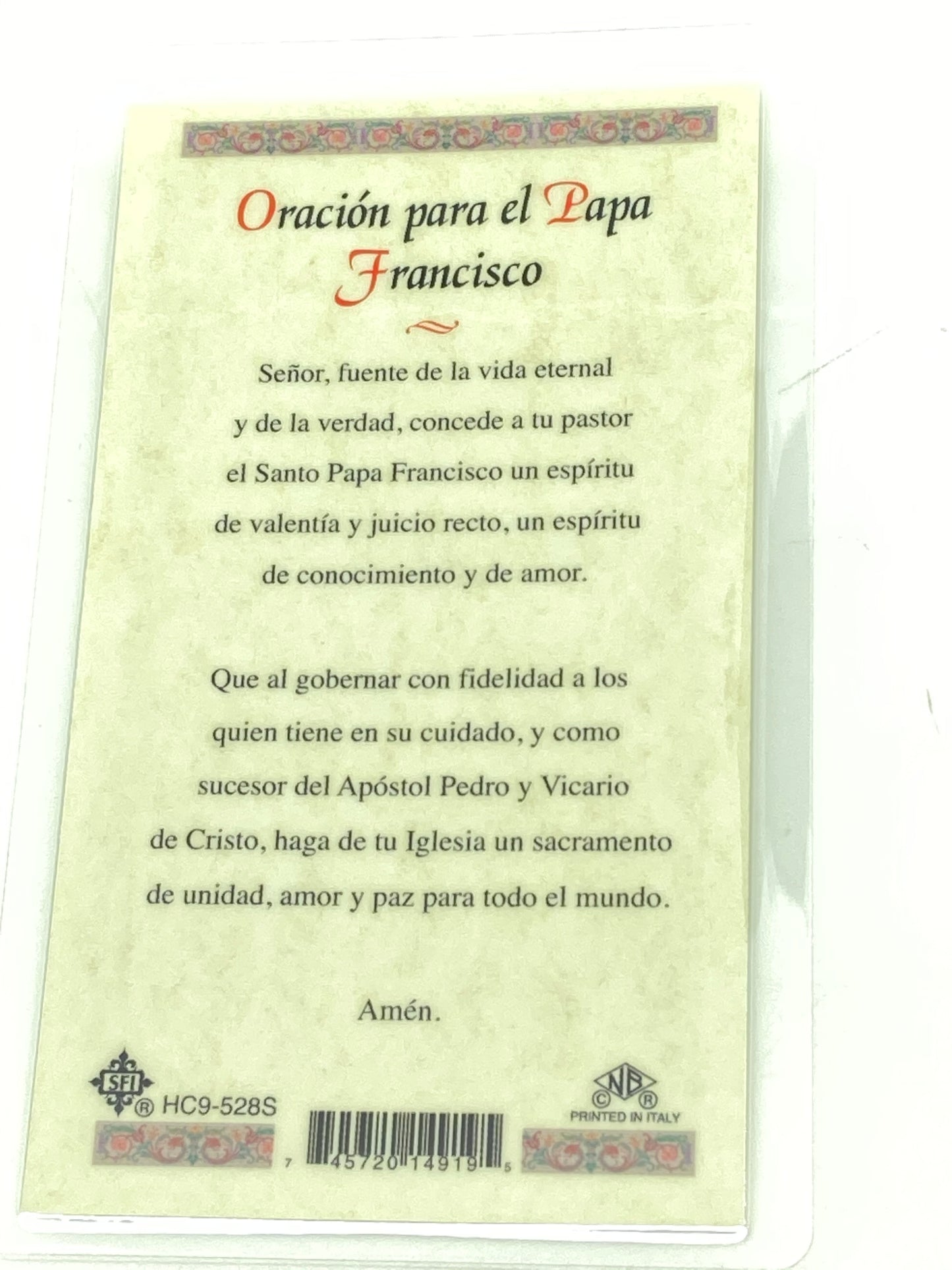 Papa Franciso Tarjeta Sagrada laminada (Cubierta de Plástico) - Unique Catholic Gifts