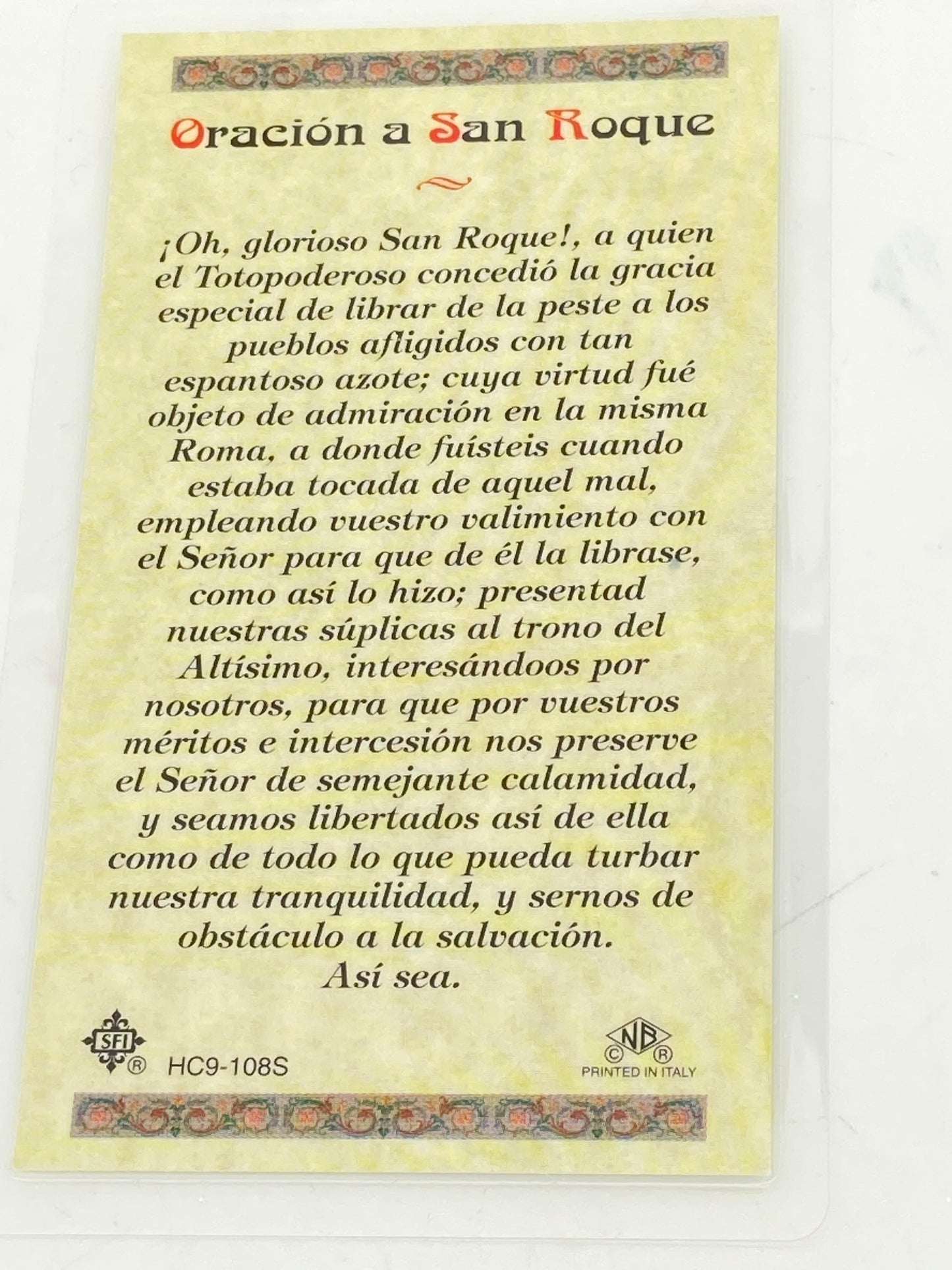 San Roque Tarjeta Sagrada laminada (Cubierta de Plástico) - Unique Catholic Gifts