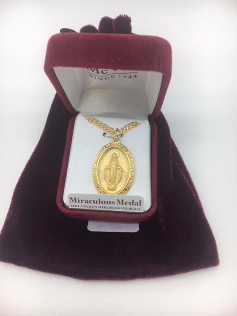 Gold over Sterling Silver Miraculous Medal ( 1 1/4") on a 24 inch Gold plated Chain. - Unique Catholic Gifts