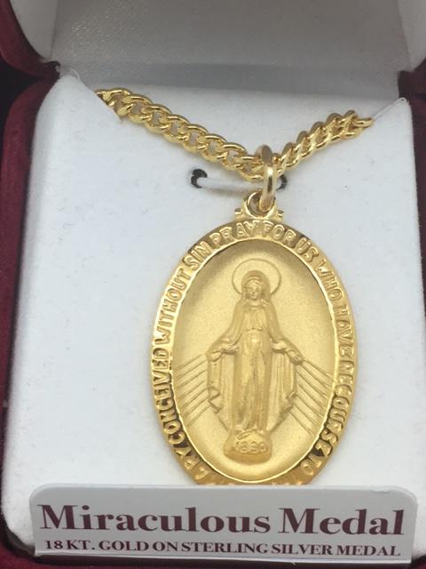 Gold over Sterling Silver Miraculous Medal ( 1 1/4") on a 24 inch Gold plated Chain. - Unique Catholic Gifts