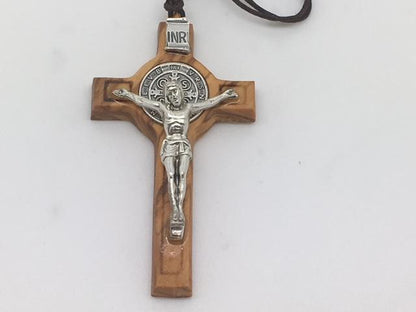 St. Benedict Crucifix Necklace Olive Wood - Unique Catholic Gifts