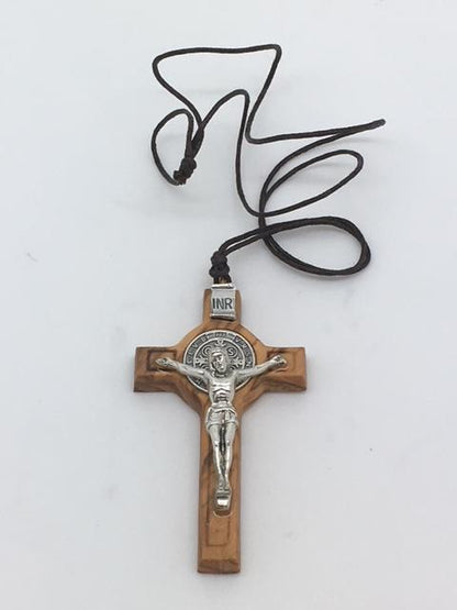 St. Benedict Crucifix Necklace Olive Wood - Unique Catholic Gifts