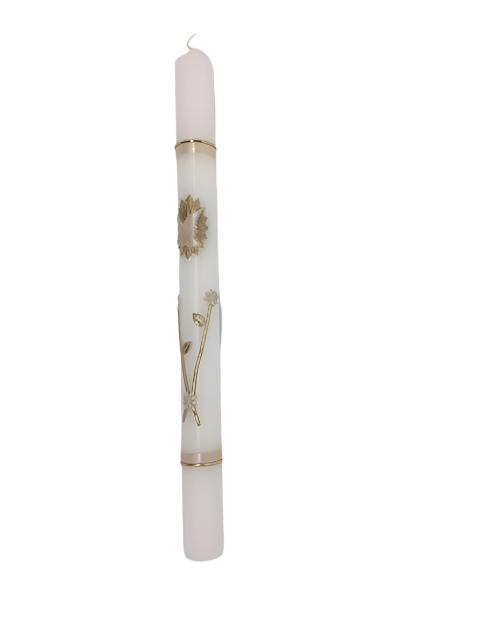 White Baptism Candle with Gold Holy Spirit and Flowers (10") - Unique Catholic Gifts