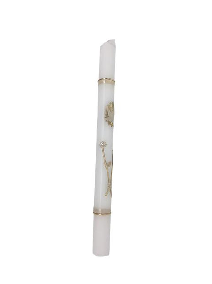 White Baptism Candle with Gold Holy Spirit and Flowers (10") - Unique Catholic Gifts