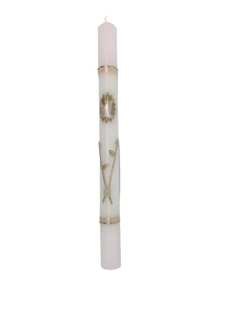 White Baptism Candle with Gold Holy Spirit and Flowers (10") - Unique Catholic Gifts