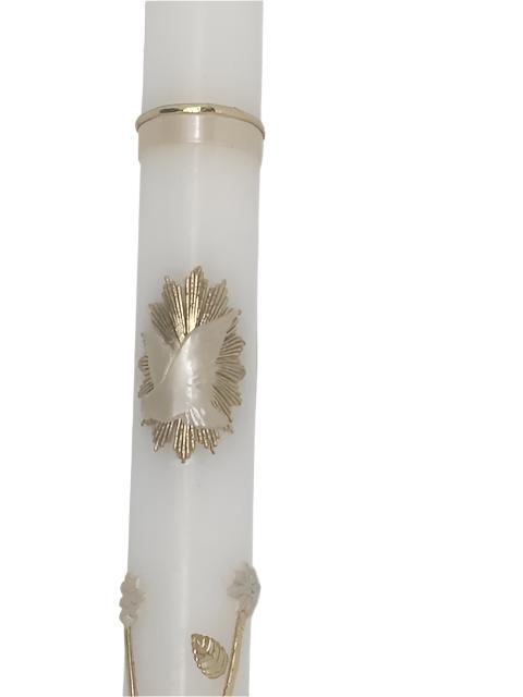 White Baptism Candle with Gold Holy Spirit and Flowers (10") - Unique Catholic Gifts