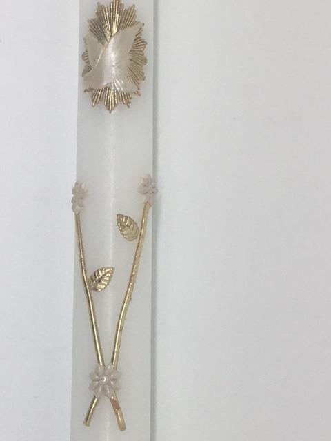 White Baptism Candle with Gold Holy Spirit and Flowers (10") - Unique Catholic Gifts