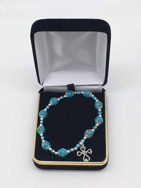 Mosaic Turquoise Beaded Rosary Bracelet with Silver Cross (8MM) - Unique Catholic Gifts