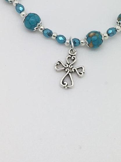 Mosaic Turquoise Beaded Rosary Bracelet with Silver Cross (8MM) - Unique Catholic Gifts