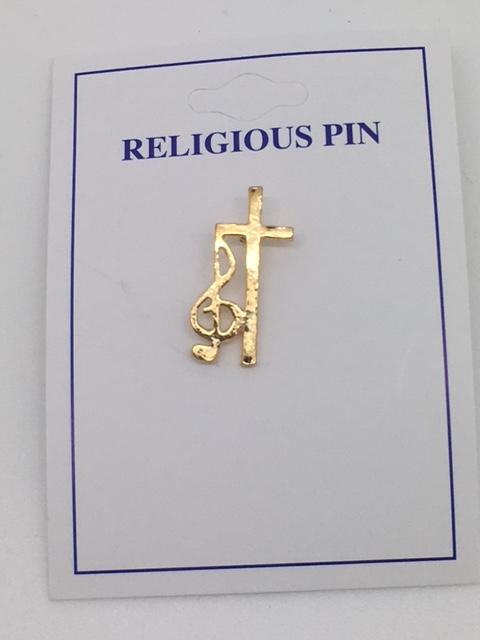 Cross with Music Note Clef Pin (Gold Plated) - Unique Catholic Gifts