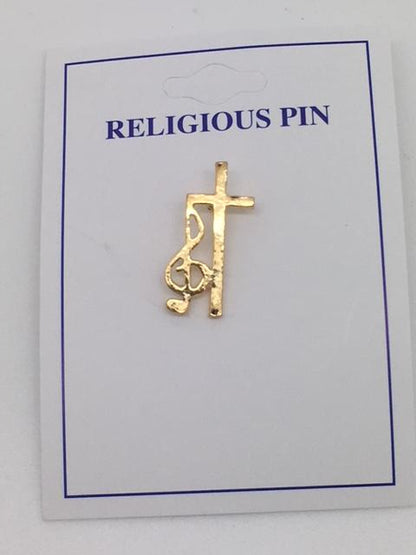 Cross with Music Note Clef Pin (Gold Plated) - Unique Catholic Gifts