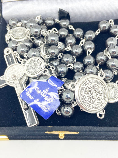 St. Benedict Hematite Rosary (8mm) - Unique Catholic Gifts