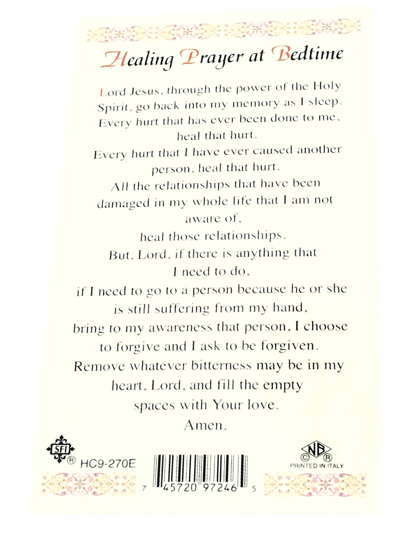 Healing Prayer at Bedtime Laminated Holy Card (Plastic Covered) - Unique Catholic Gifts