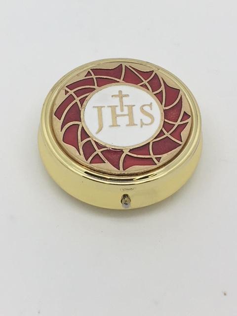 Pyx Red Enamel with Cross and JHS (Large) 2" x 1/2" - Unique Catholic Gifts