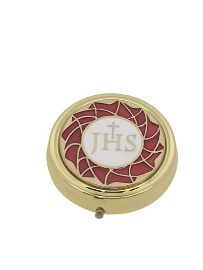 Pyx Red Enamel with Cross and JHS (Small) 1 3/4" x 1/4") - Unique Catholic Gifts