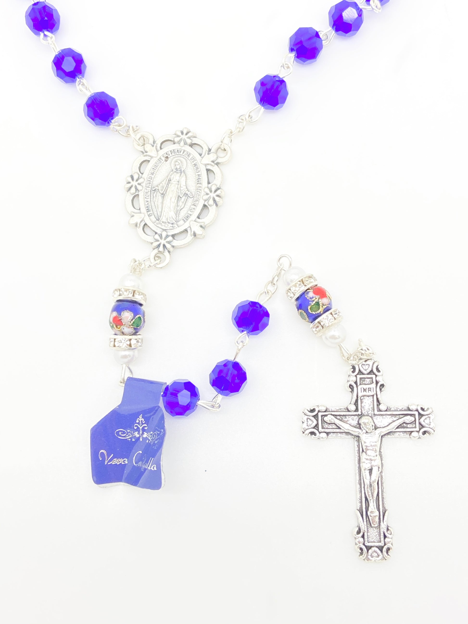 Blue Genuine Crystal and Cloisonné Rondelle Rosary - Unique Catholic Gifts