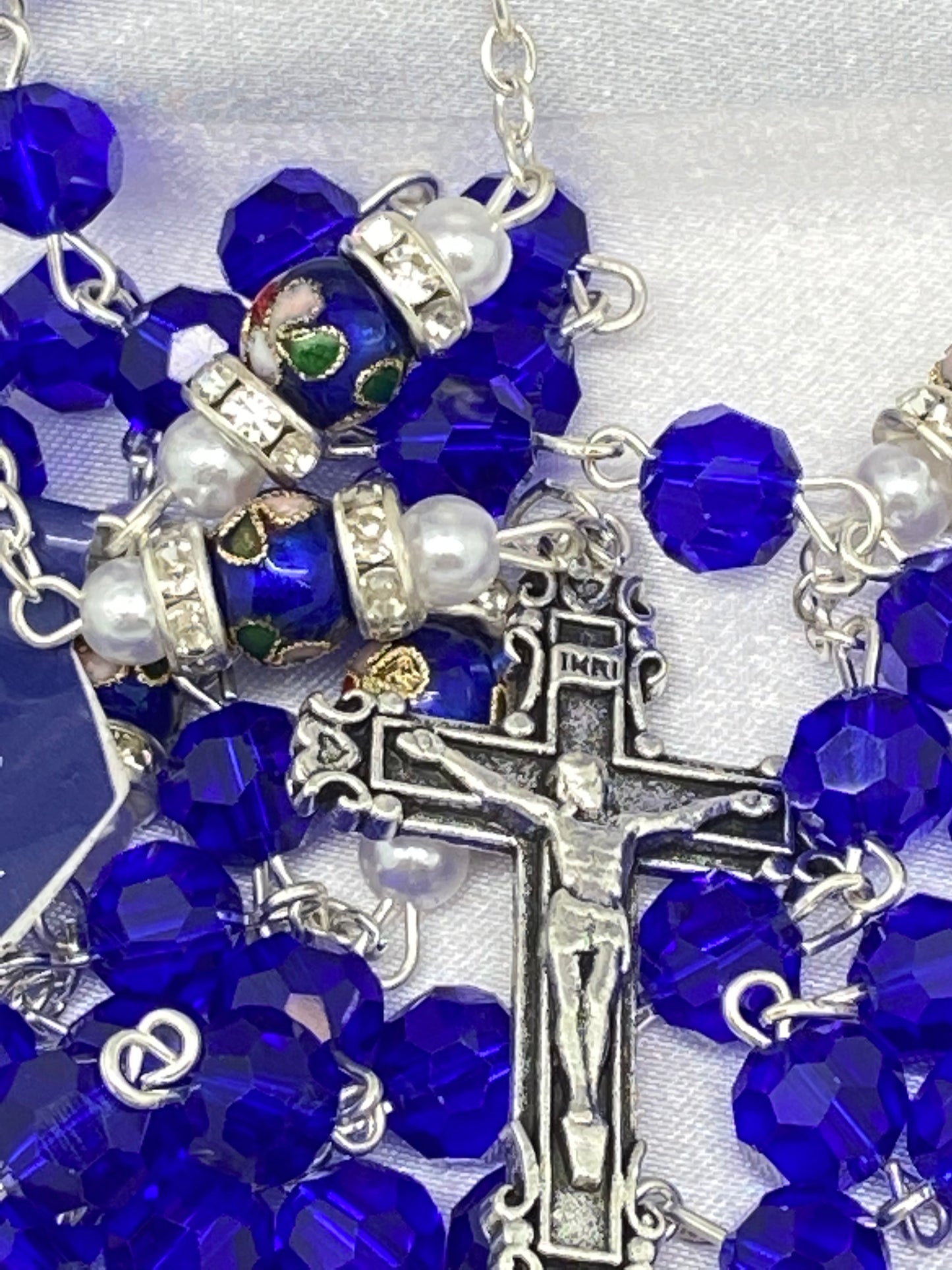 Blue Genuine Crystal and Cloisonné Rondelle Rosary - Unique Catholic Gifts