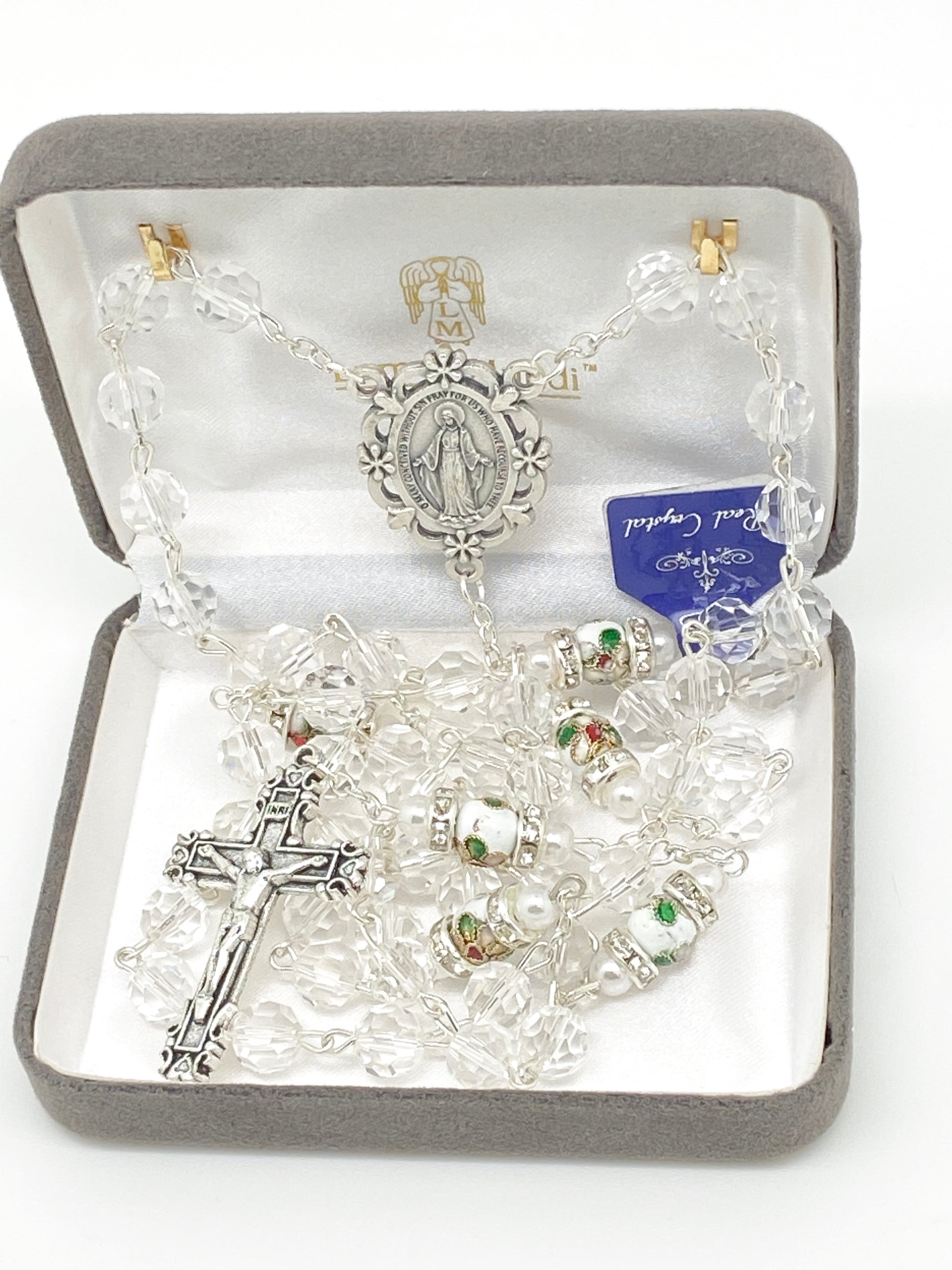 Clear Genuine Crystal and Cloisonné Rondelle Rosary - Unique Catholic Gifts